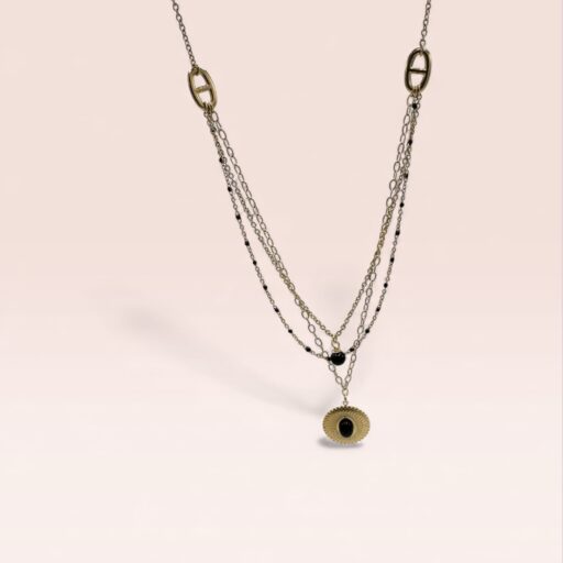 Collier triple doré et agate noire